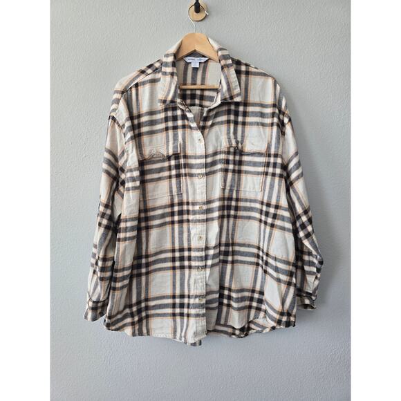 Old Navy XXL Plaid Flannel Shirt Beige Tan Gray Soft Grunge Fall Layering - Picture 4 of 9